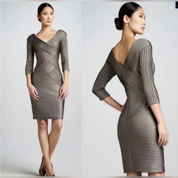 Tadashi Shoji Metallic Gray Ribbed V‑Neck Sheath Dress, Size XS, Fit Like S - Picture 2 of 10